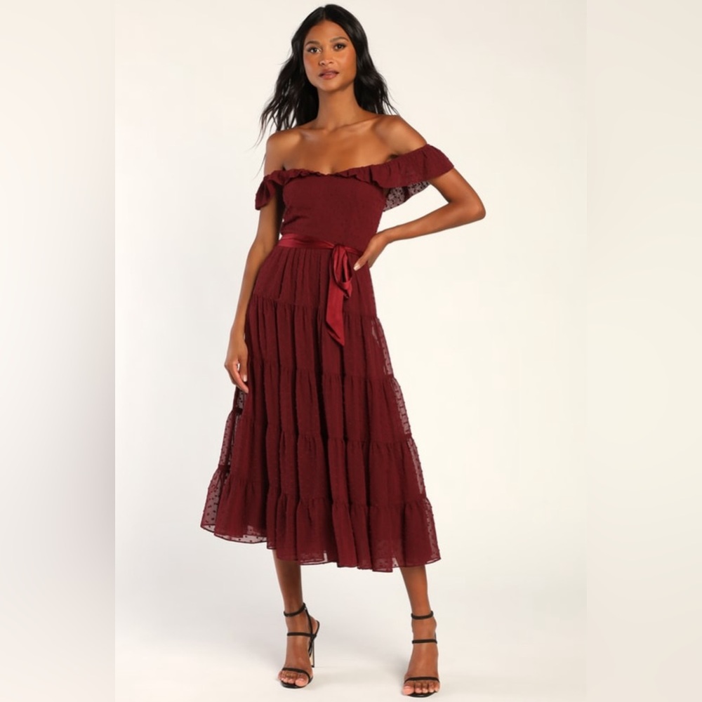 NWT Lulus Tier to Win Burgundy Tiered Flutter Sleeve Midi Dress